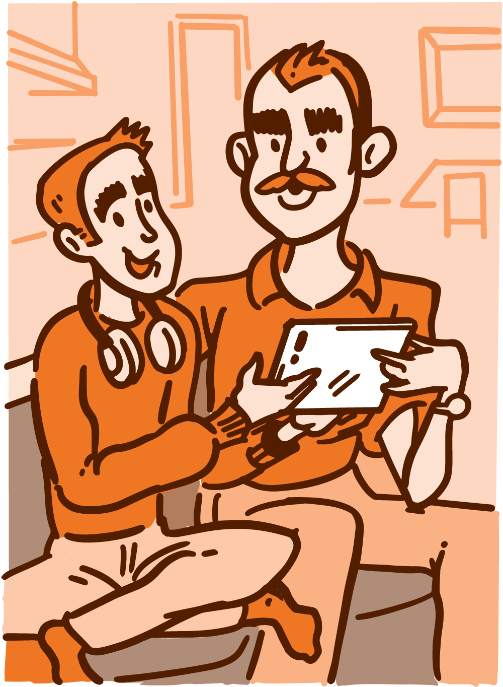 Illustration of a father and son watching a tablet together on the couch