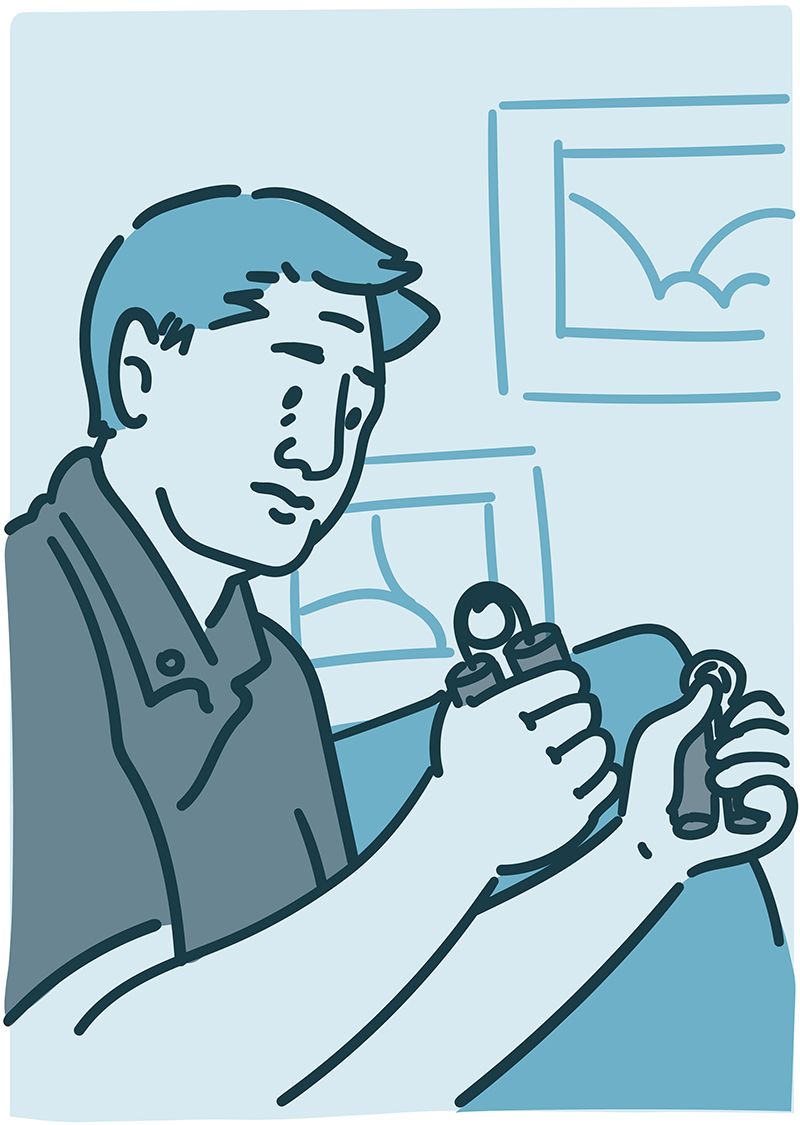 Illustration of a man using hand grippers to strengthen his hands.