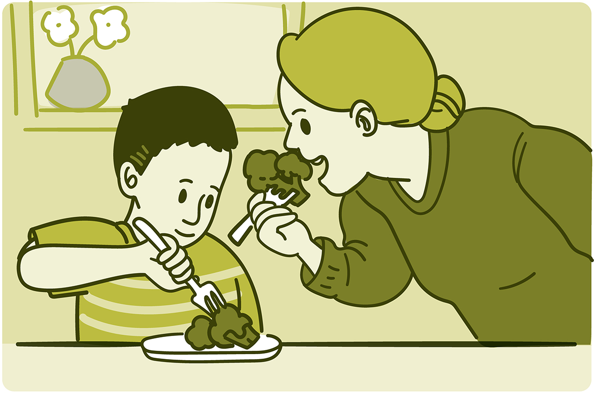 Illustration of a mom eating broccoli with her young child.