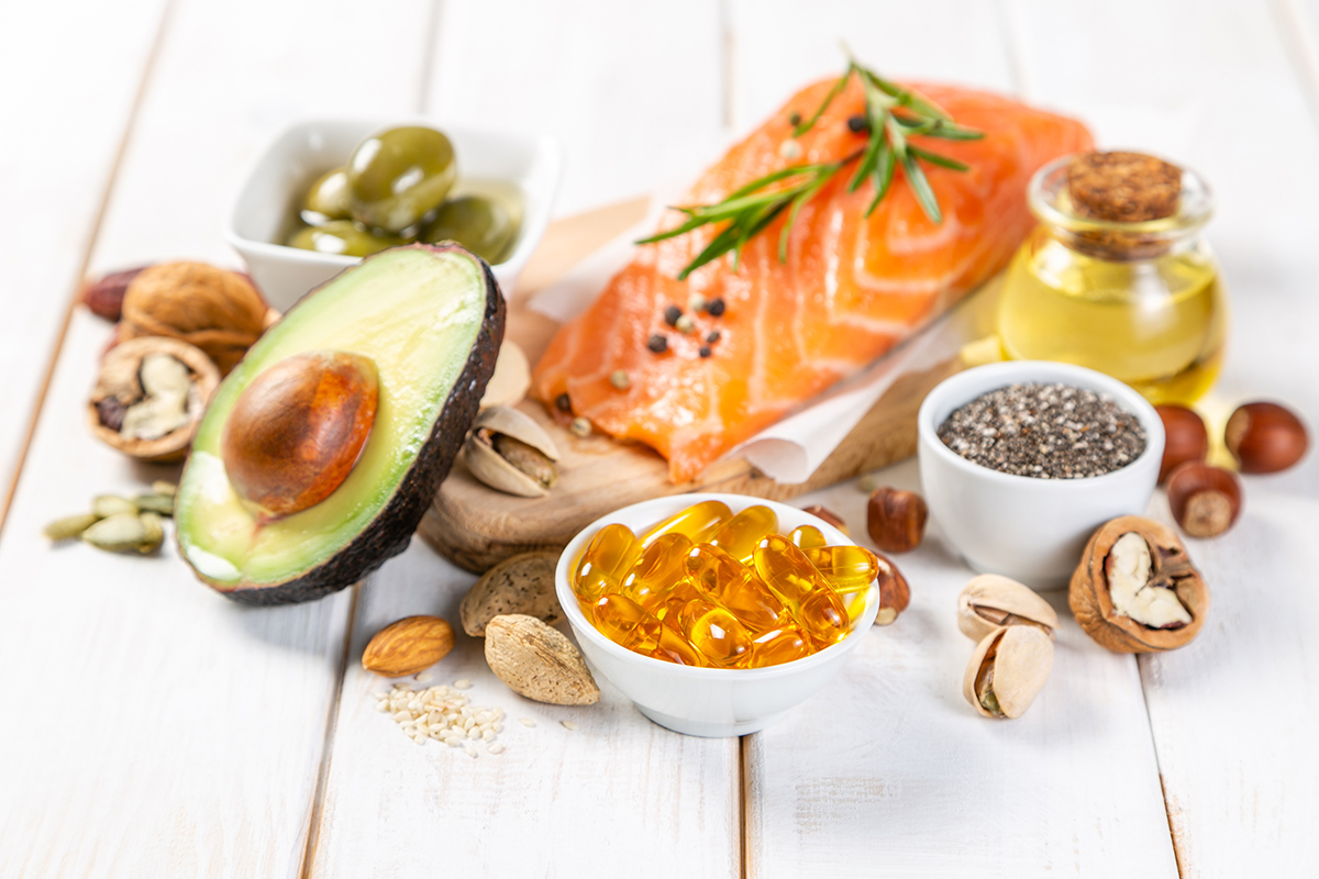 Selection of foods and supplements that contain omega-3s.