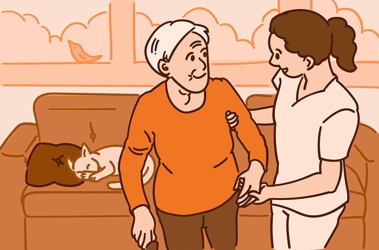 Illustration of a health care worker helping an older adult woman while she walks with a cane.