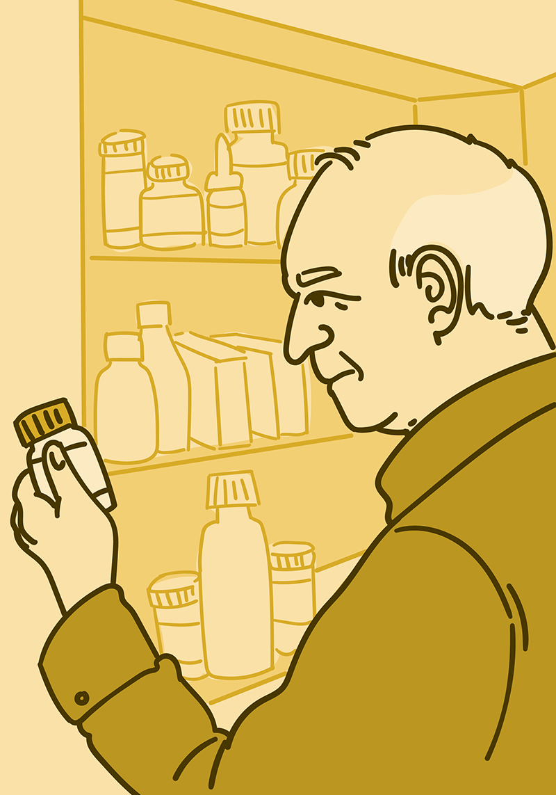 Illustration of an older adult man reading the label on a medicine bottle.