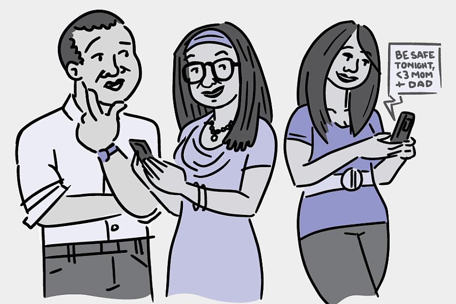 Illustration of a mom and dad texting their teenage daughter.