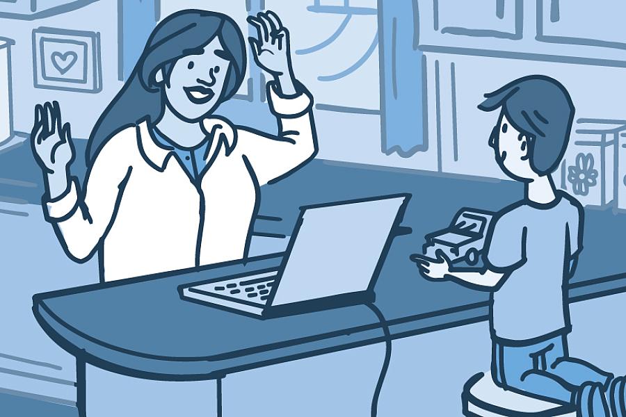 Illustration of a woman video chatting on a laptop while her son plays in the kitchen