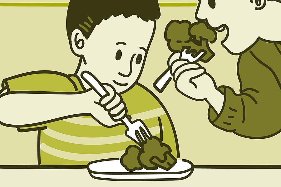 Illustration of a mom eating broccoli with her young child.