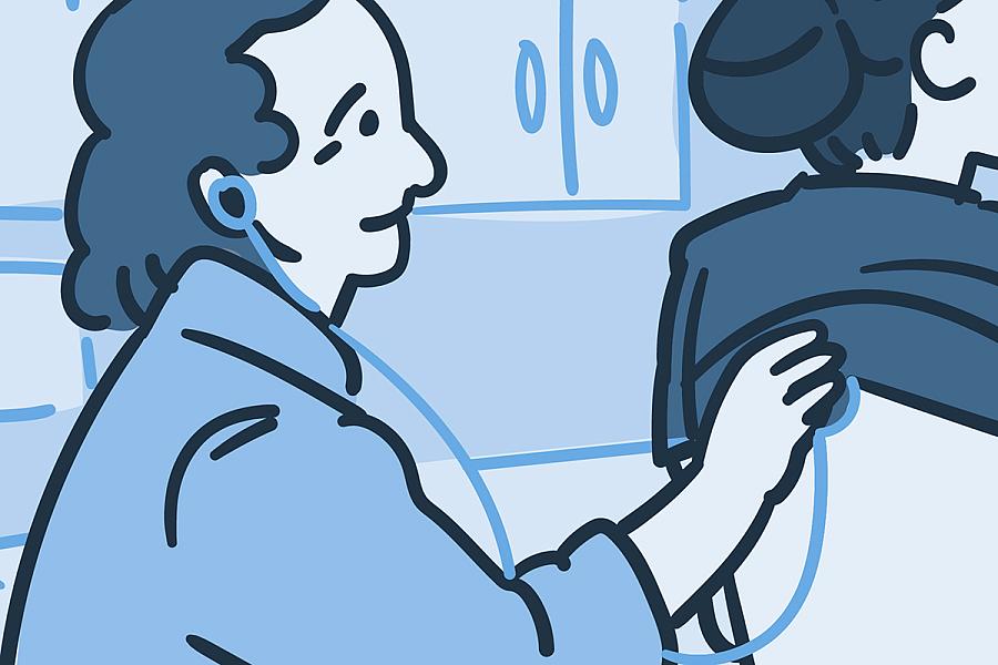 Illustration of a doctor listening to a woman’s lungs with a stethoscope.