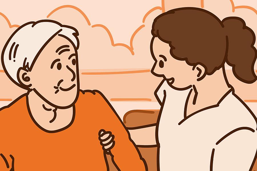 Illustration of a health care worker helping an older adult woman while she walks with a cane.