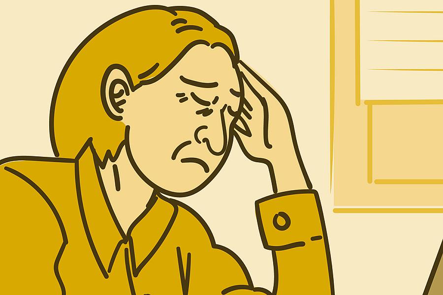 Illustration of a woman with her hand on her forehead closing her eyes in pain sitting at a computer.